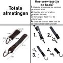 Afmetingen van de bruine lederen lussen met zwarte haken, en een stapsgewijze instructie.