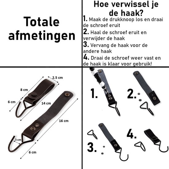 Afmetingen van de bruine lederen lussen met zwarte haken, en een stapsgewijze instructie.