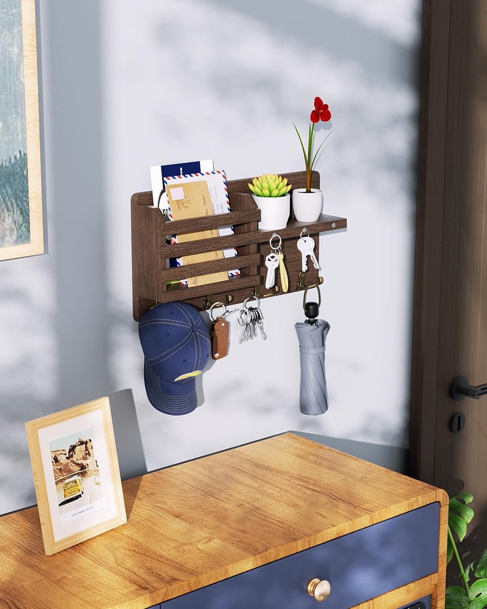Key bord met plank, houten wandorganisator met plank,WeiaiziY houten muurplank, muurgarderobe