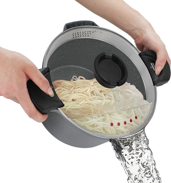 Pastapan 11" pastakoker met afsluitbaar deksel, 8L spaghettipot glazen deksel, antiaanbaklaag, gemakkelijk schoon te maken, gezond koken