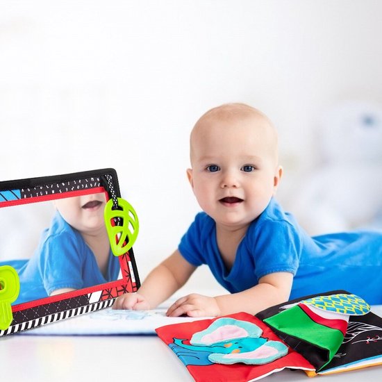 LinStyle Montessori Baby Montessori speelgoed met twee spiegels, opvouwbaar Tummy Time babyspeelgoed, zwart-wit contrastpatroon, educatief speelgoed voor pasgeborenen