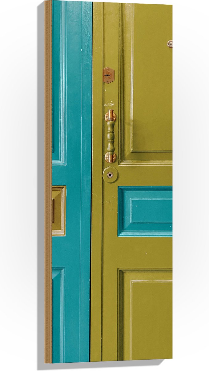 Hout - Deur - Deurklink - Groen - Blauw - 30x90 cm - 9 mm dik - Foto op Hout (Met Ophangsy