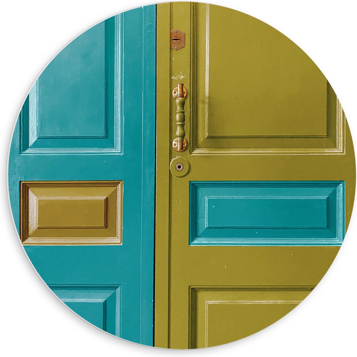 PVC Schuimplaat Muurcirkel - Deur - Deurklink - Groen - Blauw - 60x60 cm Foto op Muurcirke