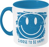 Grappige Mok Met Tekst - Postitieve Quote: Choose To Be Happy - Smiley - 350 ML - Wit Blauw