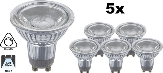5 PACK - GU10 LED Spot 7w, 560 Lumen, 4000K Neutraal Wit, Glas, Dimbaar, Lichthoek: 60°