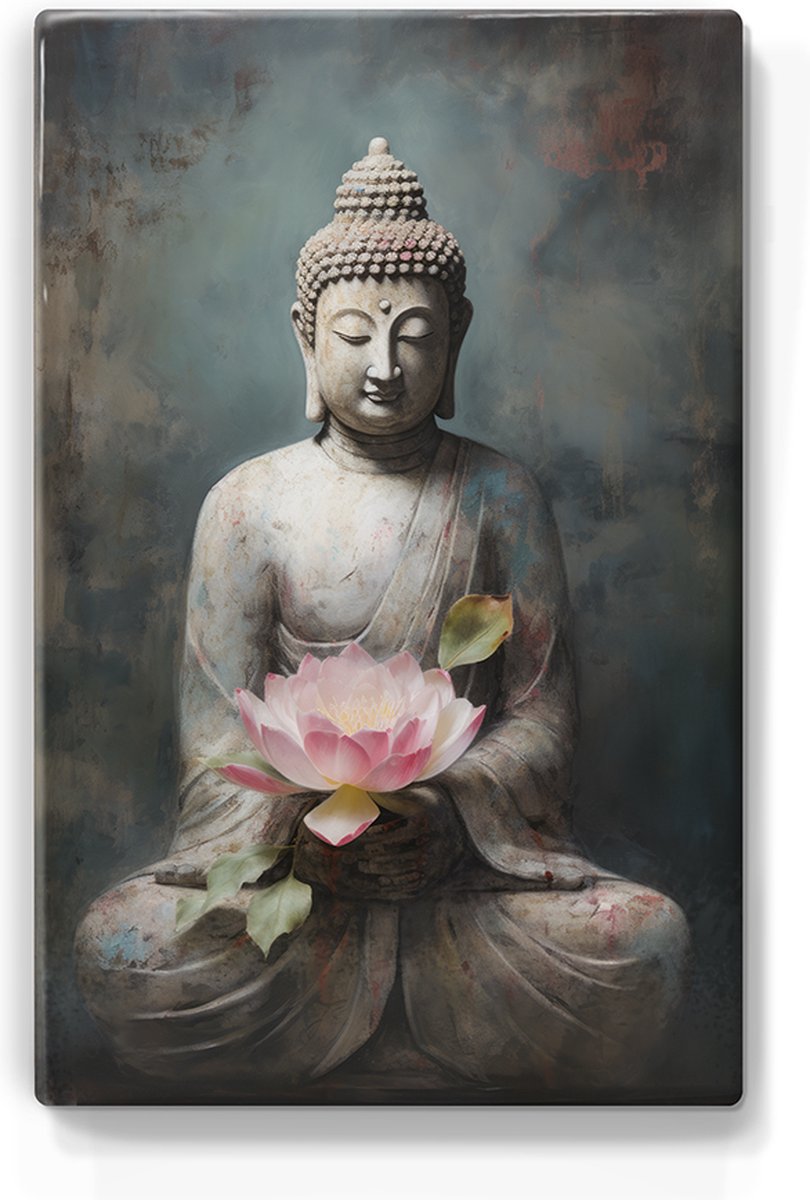 Boeddha met bloemen - Laqueprint - 19,5 x 30 cm - Niet van echt te onderscheiden handgelakt schilderijtje op hout - Mooier dan een print op canvas. - LP529
