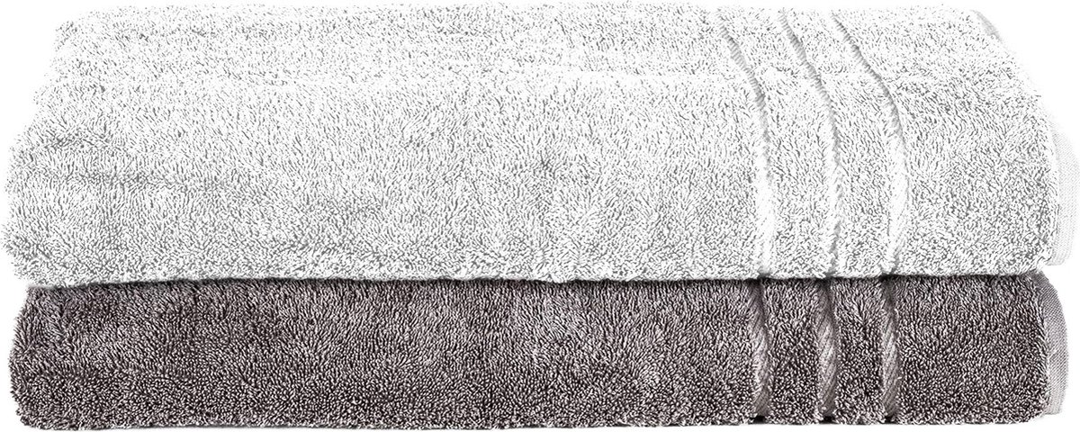 Komfortec Set van 2 Handdoeken 70x200 cm, 100% Katoen, XXL Saunahanddoeken, Saunahanddoek Zacht, Grote badstof, Sneldrogend, Wit&Antraciet