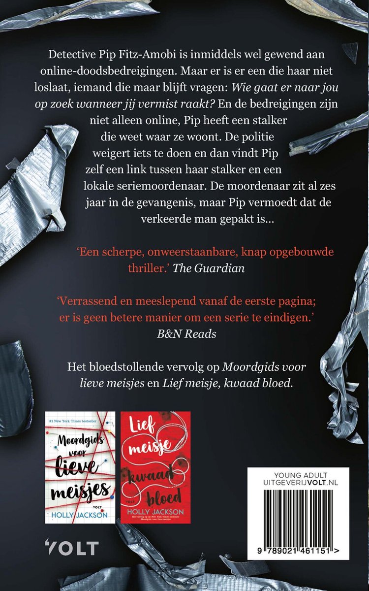 Boekcover achterkant met tekst over het verhaal, citaten en titels van eerdere boeken. Links staan twee kleinere covers van 'Moordgids voor lieve meisjes' en 'Lief meisje, kwaad bloed'.