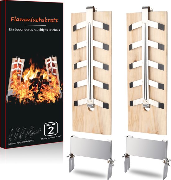 Barbecue grill plank Smoky Grillplank Flame zalmplank set van 2 houten borden. Verstelbare vlamzalmhouder rookplank
