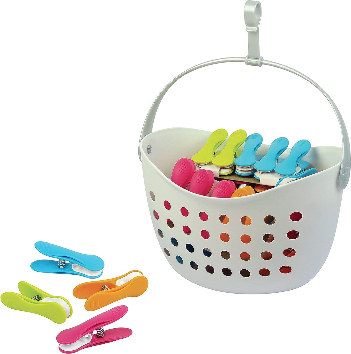 Goedkoopste Mand met 40 clips antislip - Frans product - Mand wit - Diverse clips (groen, blauw, oranje, roze