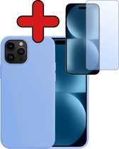Hoesje Geschikt voor iPhone 15 Pro Hoesje Siliconen Case Hoes Met Screenprotector - Hoes Geschikt voor iPhone 15 Pro Hoes Cover Case - Lichtblauw