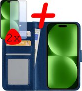 Hoes Geschikt voor iPhone 15 Pro Hoesje Bookcase Hoes Flip Case Book Cover Met 2x Screenprotector - Hoesje Geschikt voor iPhone 15 Pro Hoes Book Case Hoesje - Donkerblauw.