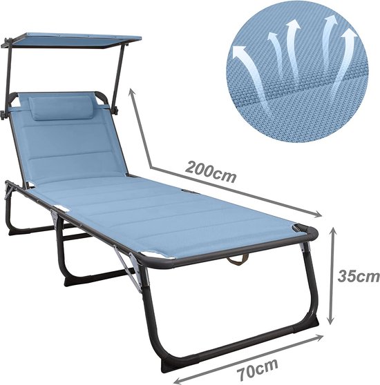 XXL aluminium ligstoel met zonnedak, strandbed met drie poten, 200x70 cm, maximale belasting 150 kg, blauw textileen, sneldrogend schuim van TecTake — afbeelding 4