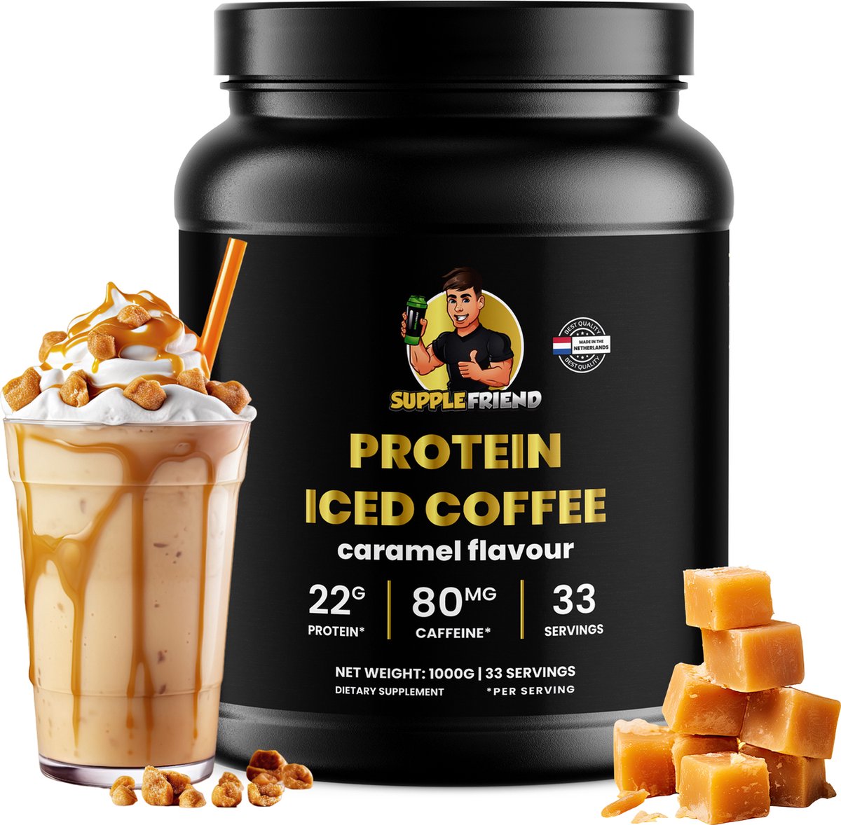 Supplefriend - Protein Iced Coffee - Whey Protein - Proteine Poeder - Eiwitpoeder - 80mg Caffeine (2 espresso's) - Karamel - 33 shakes (1000g)