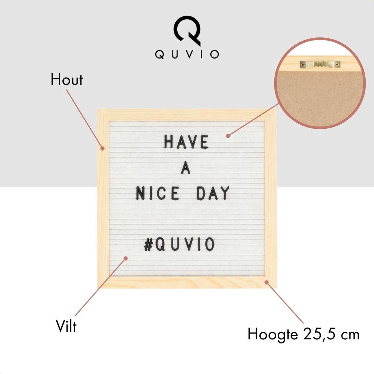 QUVIO Letterbord - Inclusief letters - Woondecoratie - Woonaccessoires - Decoratieve accessoires - Hout en vilt - Wit - Met standaard - Met lijst - 16 x 25,5 x 25,5 cm (lxbxh