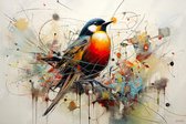 JJ-Art (Canvas) 90x60 | Vogel op tak in abstracte stijl, kleurrijk, felle kleuren, kunst | dier, rood, grijs, bruin, blauw, modern | Foto-Schilderij canvas print (wanddecoratie)