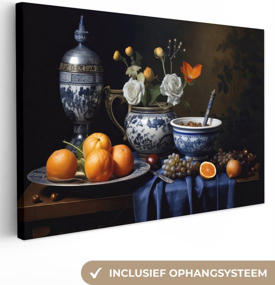 Peinture sur toile Nature morte - Fruits - Fleurs - Bleu de Delft - Hollandais - 120x80 cm - Décoration murale