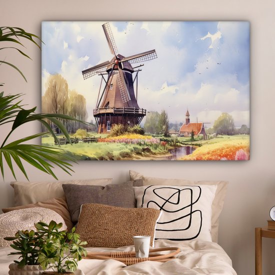 Canvas schilderij 140x90 cm - Wanddecoratie Molen - Nederland - Kunst - Landschap - Nederland - Muurdecoratie woonkamer - Slaapkamer decoratie - Kamer accessoires - Schilderijen