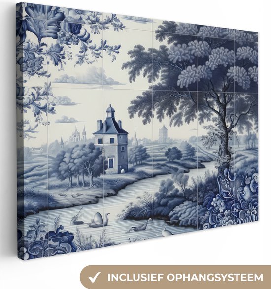Canvas Schilderij Landschap - Kasteel - Delfts blauw - Bloemen - Hollands - 120x90 cm - Wanddecoratie