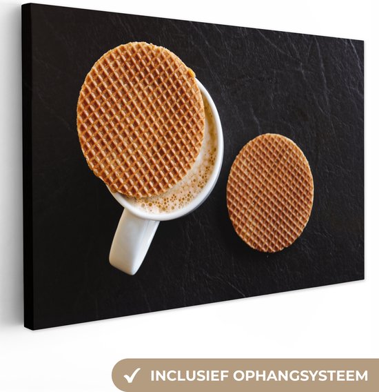 Canvas Schilderij Mok - Stroopwafel - Stilleven - Hollands - 30x20 cm - Wanddecoratie