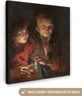 Canvas Schilderij Oude vrouw en jongen met kaarsen - Schilderij van Peter Paul Rubens - 20x20 cm - Wanddecoratie