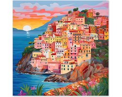 Graphic Message - Schilderij op Canvas - Huizen Cinque Terre aan Zee - Italië - Woonkamer - Tropisch Landschap - Dorpsgezicht - Kleurrijk Dorp - Zonsondergang - Moderne Kunst