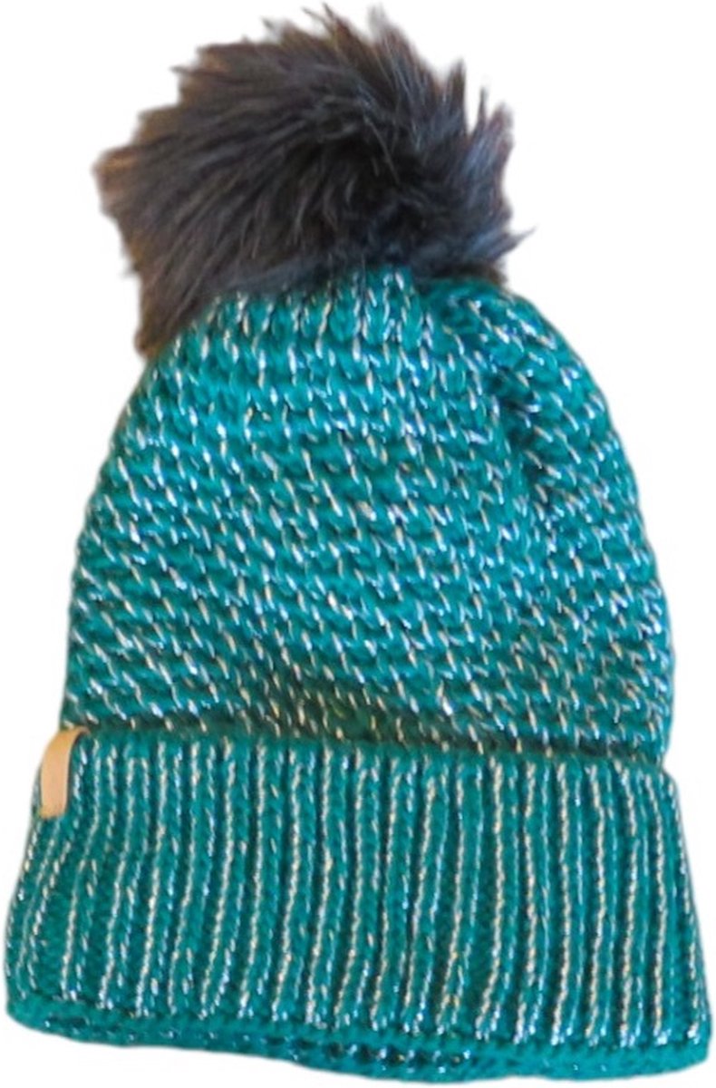 Muts dames met lurex en imitattiebont pompon - 10% wol en gemaakt Europa