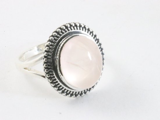 Bewerkte zilveren ring met rozenkwarts - maat 18.5