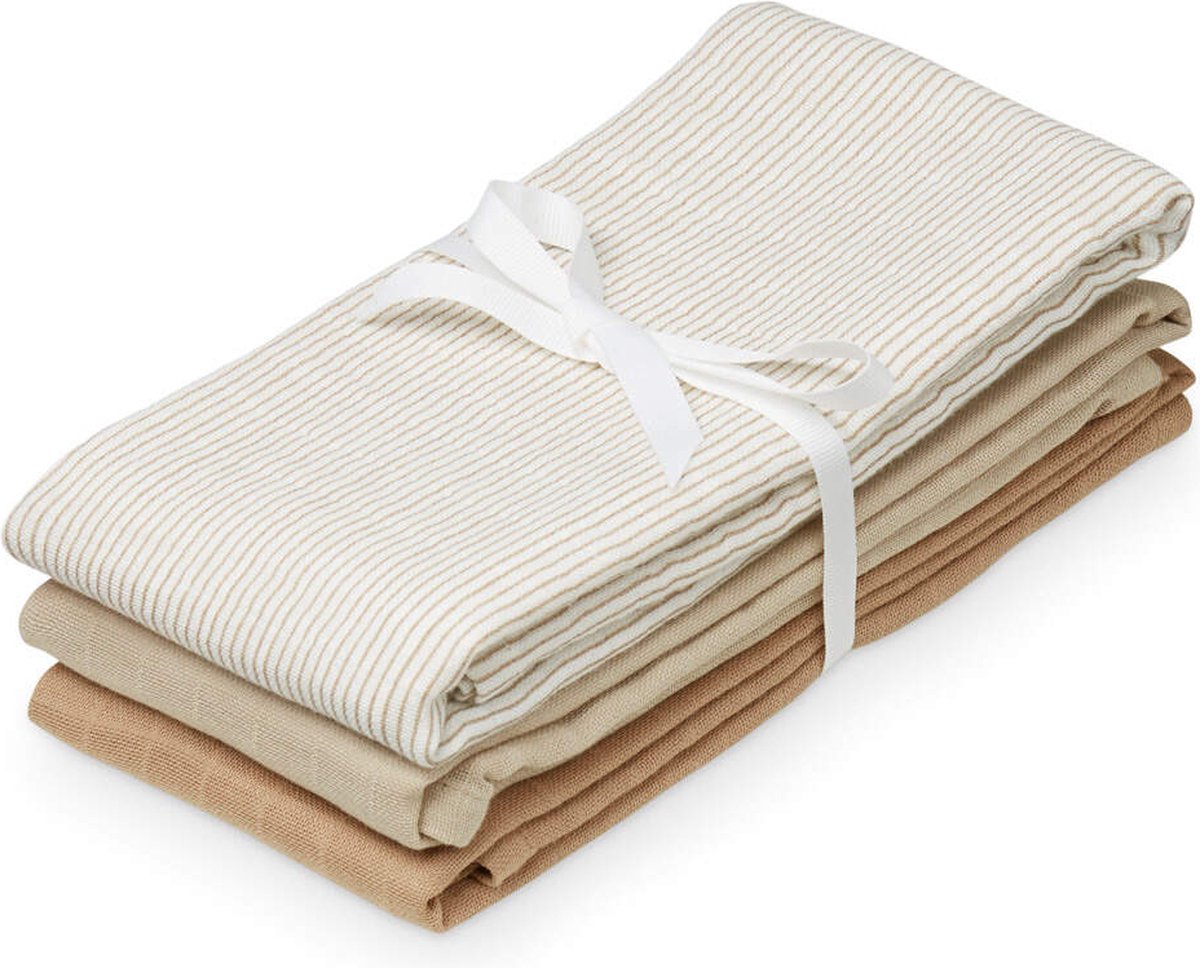Goedkoopste Cam Cam hydrofiele doeken set van drie 70x70 - classic stripes, camel, praline