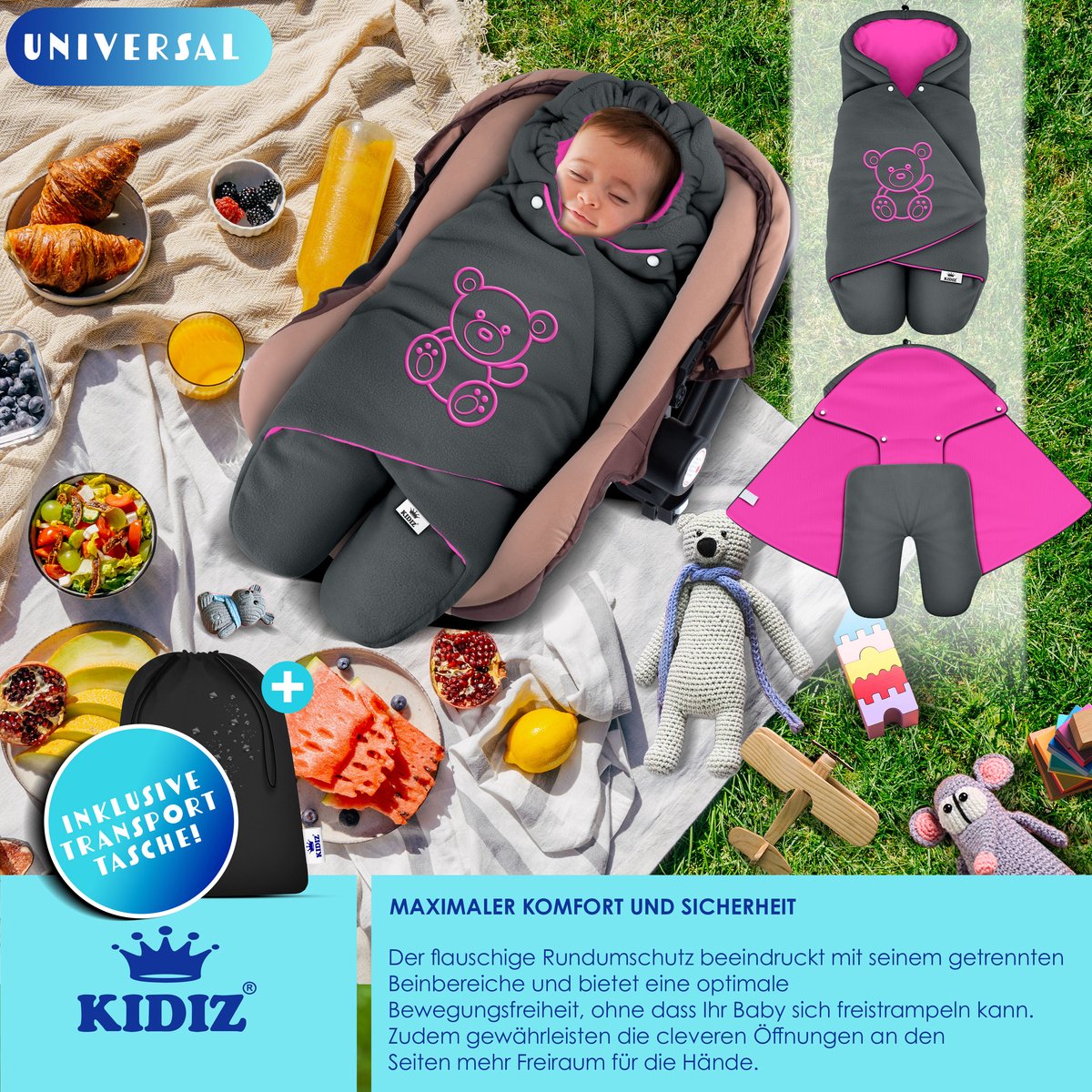 KIDIZ® Baby Slaapzak voor Buggy Voetenzak voor Autostoeltje & Wandelwagen Babyschaal, voor Winter met Kap + Babyslaapzak Deken voor Maxi-Cosi & Kinderwagen alle Gordelsystemen 3 & 5-Puntsgordel - Antraciet / Roze – foto 4