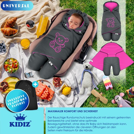 KIDIZ® Baby Slaapzak voor Buggy Voetenzak voor Autostoeltje & Wandelwagen Babyschaal, voor Winter met Kap + Babyslaapzak Deken voor Maxi-Cosi & Kinderwagen alle Gordelsystemen 3 & 5-Puntsgordel - Antraciet / Roze van Merkloos — afbeelding 4