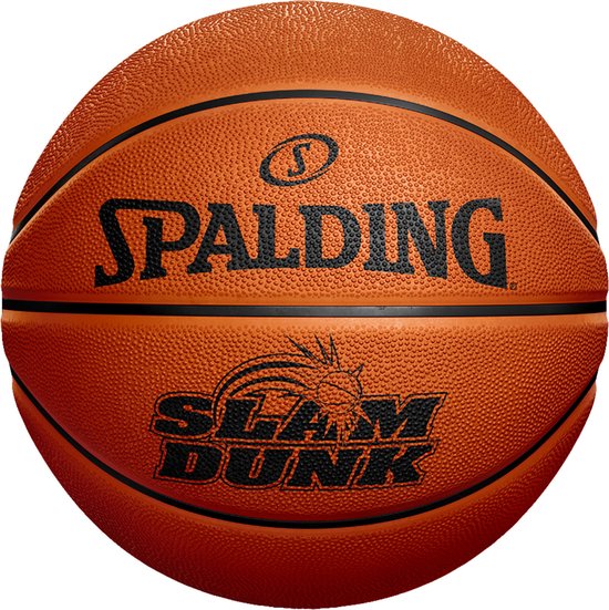 Oranje Spalding Slam Dunk basketbal met zwart logo en tekst.