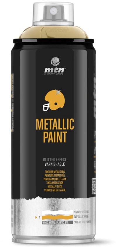 Aérosol MTN Peinture Métallique, avec les textes "Effet Pailleté Vernissable" et "Peinture Métallique".