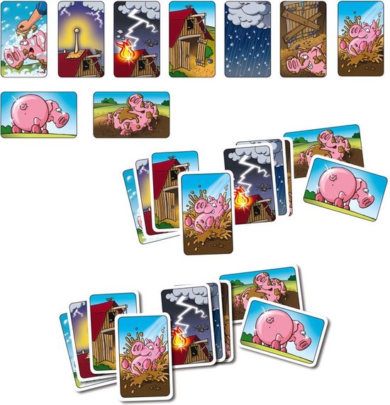 Overzicht van de Moddervarkens speelkaarten en speldoos. Kaarten tonen varkens, modder, schuren, regen en bliksem.