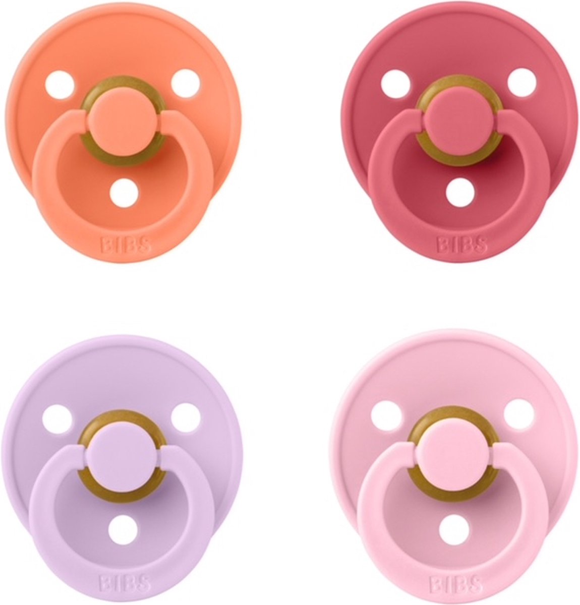 Goedkoopste Bibs fopspeen 0-6 maand Set 4 stuks Papaya,Coral,Violet Sky en Baby Pink Maat 1