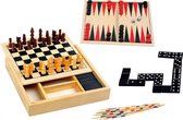 Spellendoos 4 in 1 - Bordspel Set - Backgammon - Mikado - Domino - Schaken - Hout - 17x17x3cm