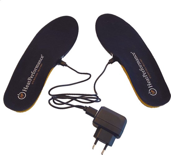 Twee HeatPerformance® inlegzolen zijn verbonden via kabels met een oplader en een adapter.