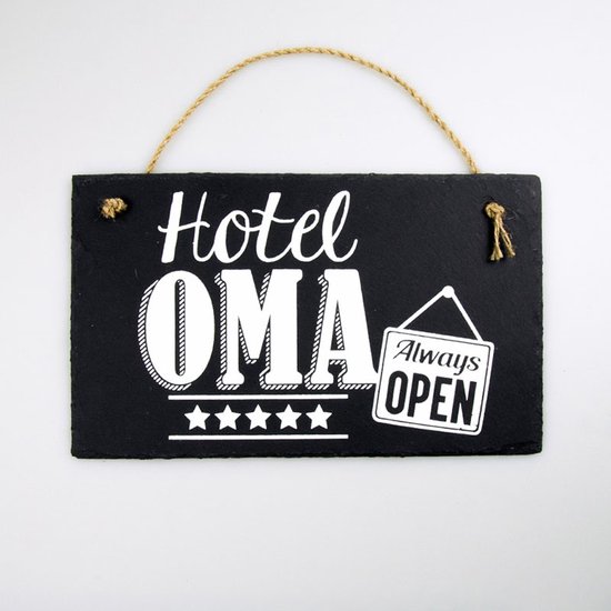 Panneau mural en ardoise - avec en disant: Hotel OMA Always ouvert - signe texte