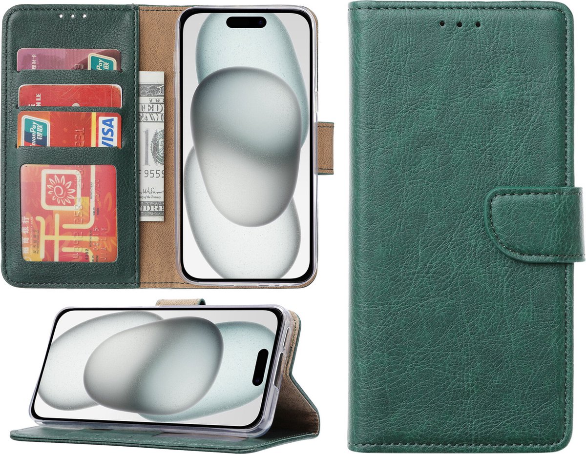 Hoesje Geschikt voor iPhone 15 – portemonnee bookcase met pasjeshouder – Groen