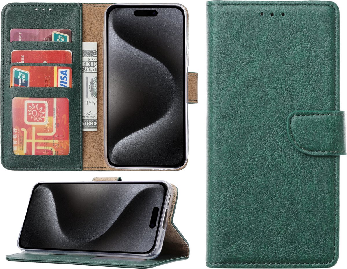 Hoesje Geschikt voor iPhone 15 Pro – portemonnee bookcase met pasjeshouder – Groen