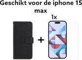 iphone 15 max bookcase black met pasjeshouder + 1x screenprotector - apple iphone 15 max boek hoesje zwart + card holder + 1x tempered glass 9H