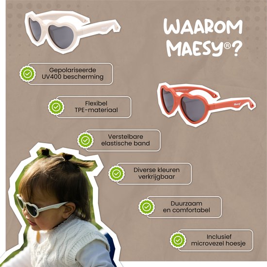 Maesy - baby zonnebril Maes - 0-2 jaar - flexibel buigbaar - verstelbaar elastiek - gepolariseerde UV400 bescherming - jongens en meisjes - hartvormige babyzonnebril - licht roze - Maesy