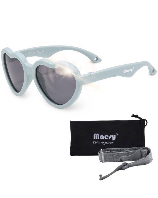 Maesy - baby zonnebril Maes - 0-2 jaar - flexibel buigbaar - verstelbaar elastiek - gepolariseerde UV400 bescherming - jongens en meisjes - hartvormige babyzonnebril - licht blauw