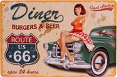 Metalen Plaatje - Groene OldtimerRoute 66 Diner/Burgers/Beer - 20x30cm