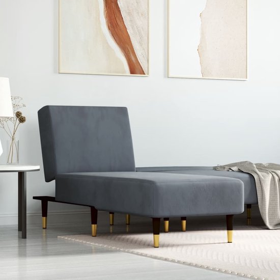 The Living Store Chaise Longue - donkergrijs fluweel - verstelbaar - comfortabel ligstoel - stevig frame