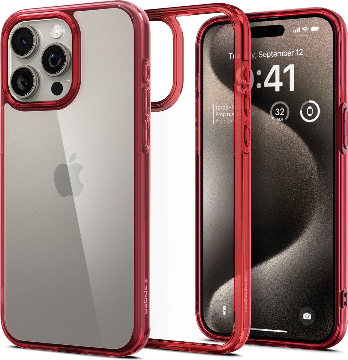 Spigen Ultra Hybrid Hoesje Geschikt voor Apple iPhone 15 Pro Max - Back Cover met Air Cushion - Transparant Rood