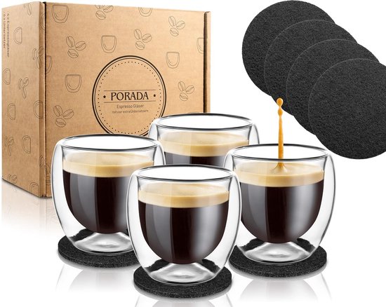 Set van 4 dubbelwandige espressoglazen, 80 ml, 4 extra onderzetters, dessertglazen, dubbelwandige glazen, espressokopjes, set thermoglazen, dubbelwandige glazen, cadeauset, Turks theeglas