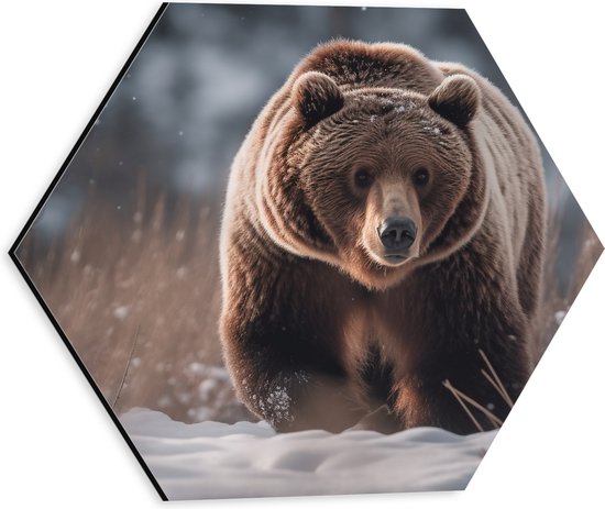 Dibond Hexagon - Bruine beer loopt door de natuur in de sneeuw - 30x26.1 cm Foto op Hexagon (Met Ophangsysteem)