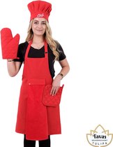 Tulipa rode Keukenschort Set van 6 met rode Handdoek en Ovenwanten Pannenlappen Koksmuts Professioneel Verstelbaar Kookschort BBQ Schort Horecakwaliteit Schorten voor vrouwen One Size Fits All