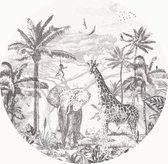 Behangcirkel Jungle mono - Ø 100 cm - Jungle - Safari - Behangcirkel zelfklevend - Muurcirkel binnen - Wandsticker - Behangsticker - Babykamer en kinderkamer
